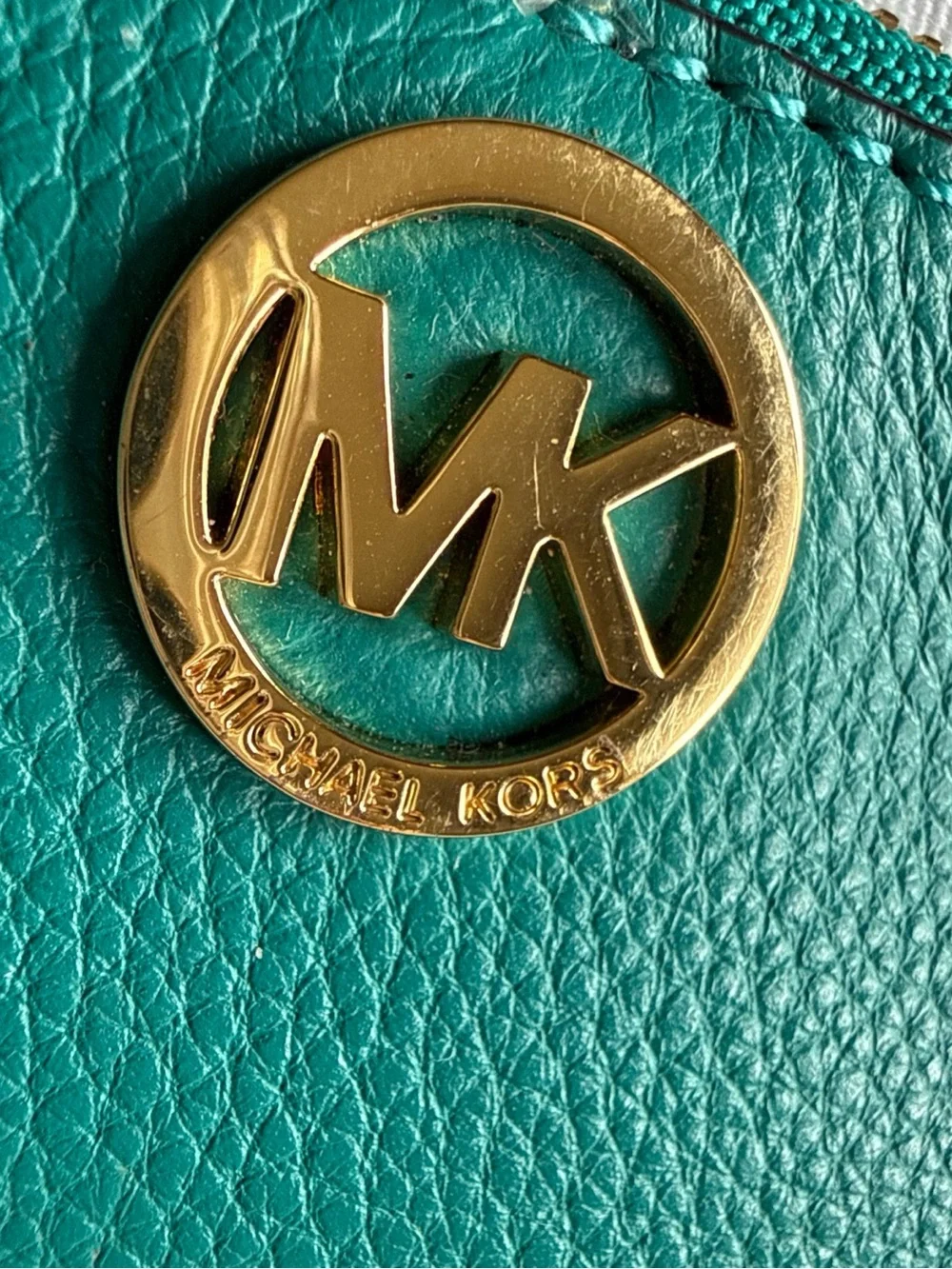 Michael Kors Teal Leather Card Case with Gold MK Logo